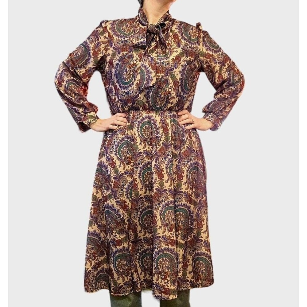 Vintage 70s Large‎ Dark Paisley Midi Dress Pussybow Longsleeve Boho Casual